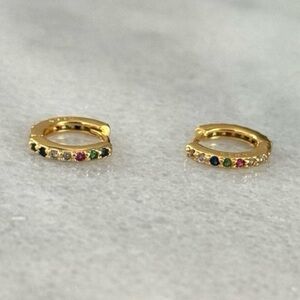 Gold Rainbow Crystal Pave Small Huggie Hoop Earrings Brand New